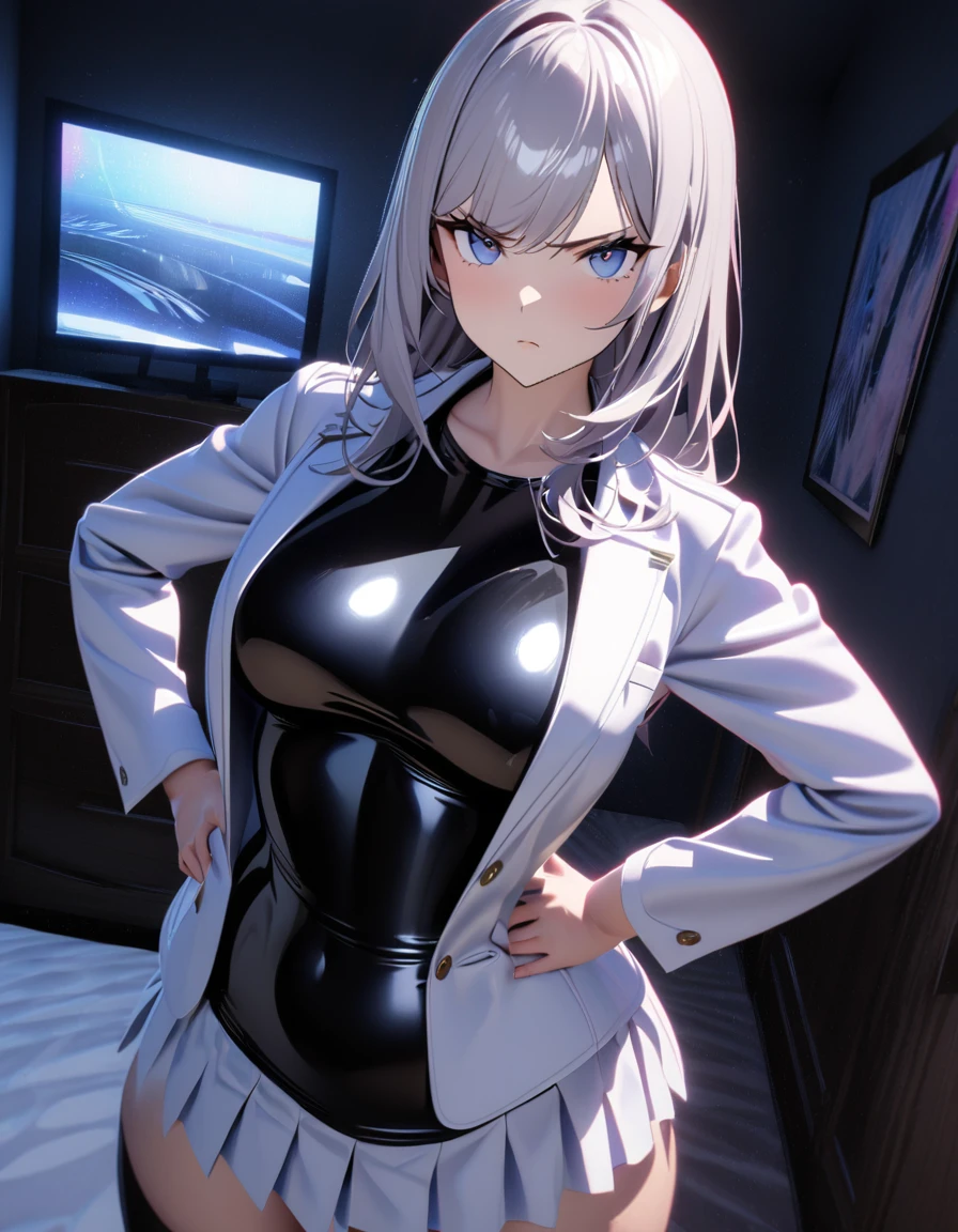 1 girl, ((Girl is curvy and slim, attractive and tall)), ((Girl has long silver hair)), ((purple and blue eyes)), ((Girl wears a black latex shirt, white jacket, short white pleated skirt, black stocking)), ((Girl is in the bedroom)), ((Girl is looking at viewer, serious, hands on hips)), 8k, ray tracing, night, zooming out