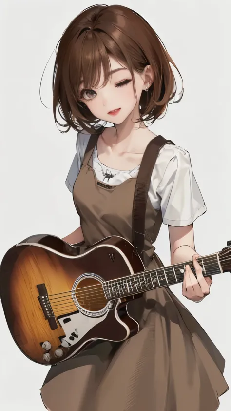 (((White wall background)))、(((Best image quality、8K、Beautiful woman、White wall background)))、(((guitarist、play the guitar)))、((...