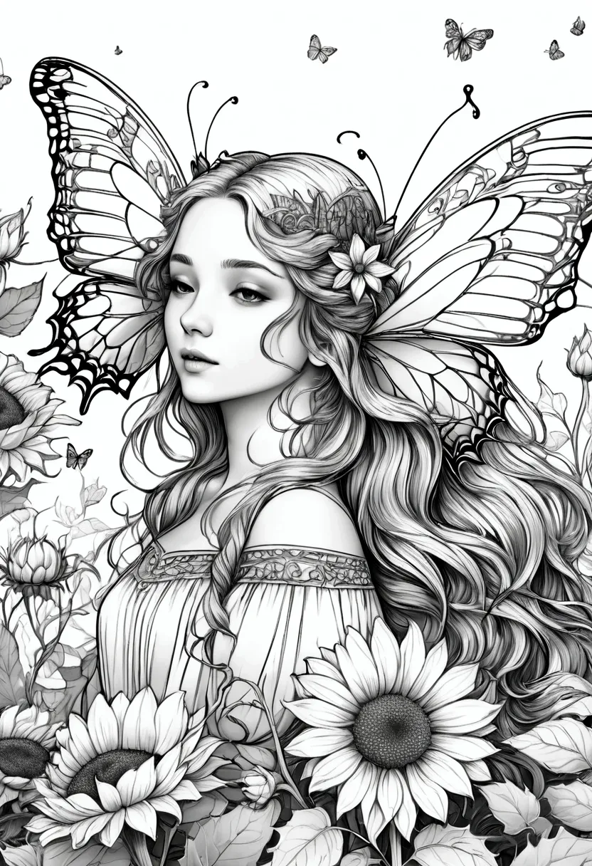 A delicate fairy with butterfly wings resting on a giant sunflower, clean line art, white background, colouring page, clean outl...