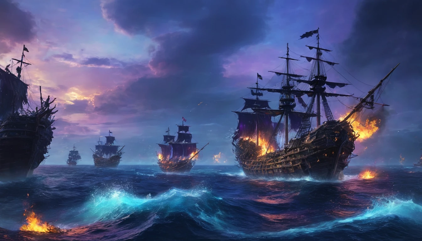 Totes Meer、Viele heruntergekommene Piratenschiffe auf dem Meer、Eine Atmosphäre der Zerstörung umgibt das Schiff, das immer noch Flammen und Rauch hat.、Viele blau-violette Seelen fliegen herum.