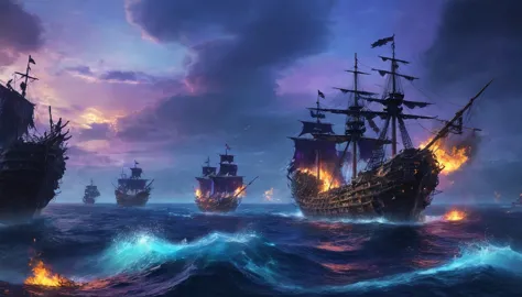 Sea of the Dead、Many dilapidated pirate ships on the sea、An atmosphere of destruction surrounds the ship, which still has flames...
