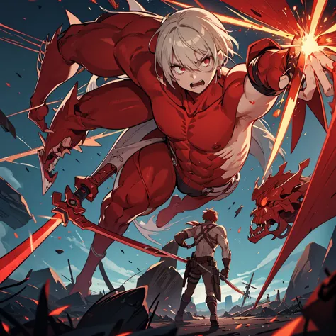 a 20 metre titan from aot with red and blade skin, bones, a blade attached to its hand and prodcuing electricity through the bla...