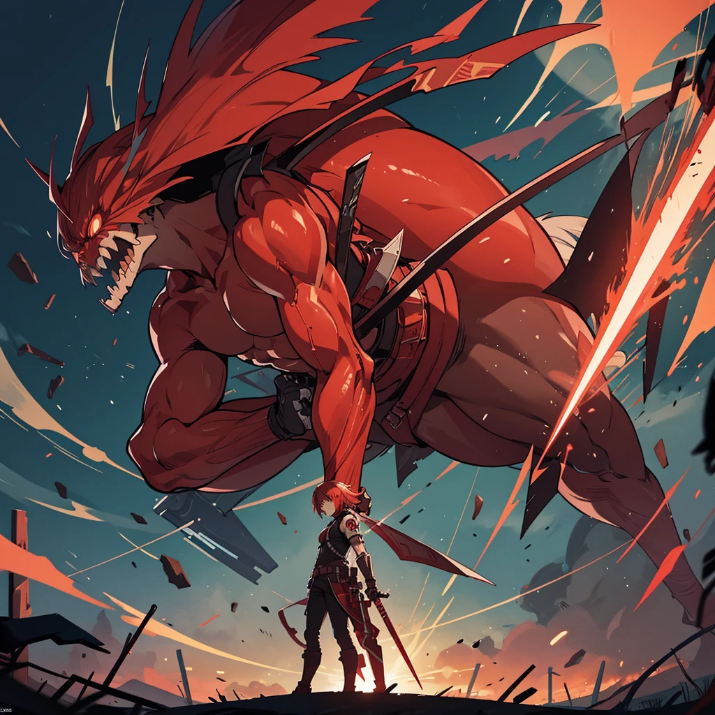 A 20 metre titan from AOT with red and blade skin, bones, a blade attached to its hand and prodcuing electricity through the blade