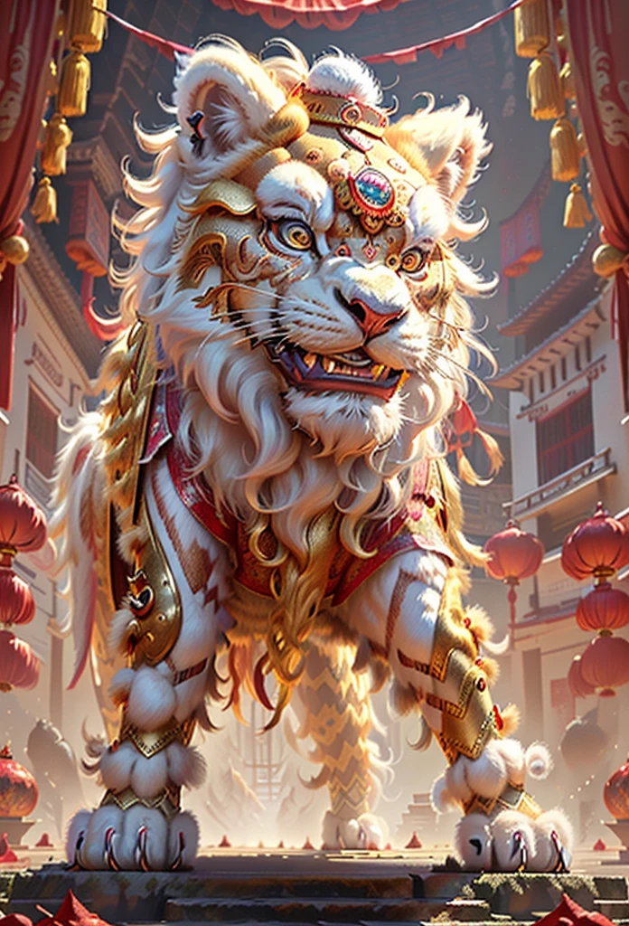 Traditional Chinese Lion Dance,Chinese awaken the lion,Chinese Lion Dance,Golden fur,cute furry,Beautiful and detailed digital artwork,cute digital painting,4k highly detailed digital art,8k high quality, Detailed art,niedliche Detailed artwerke,digital painting with many details,delightful digital art,sophisticated digital art,Lion detailed,high detailed digital art。 (​masterpiece+best quality+high level of detail), A true representation of award-winning photography+Reproduce the best visual effects, Perfect shot, Get eye-catching movie posters! Clear focus, depth of field。