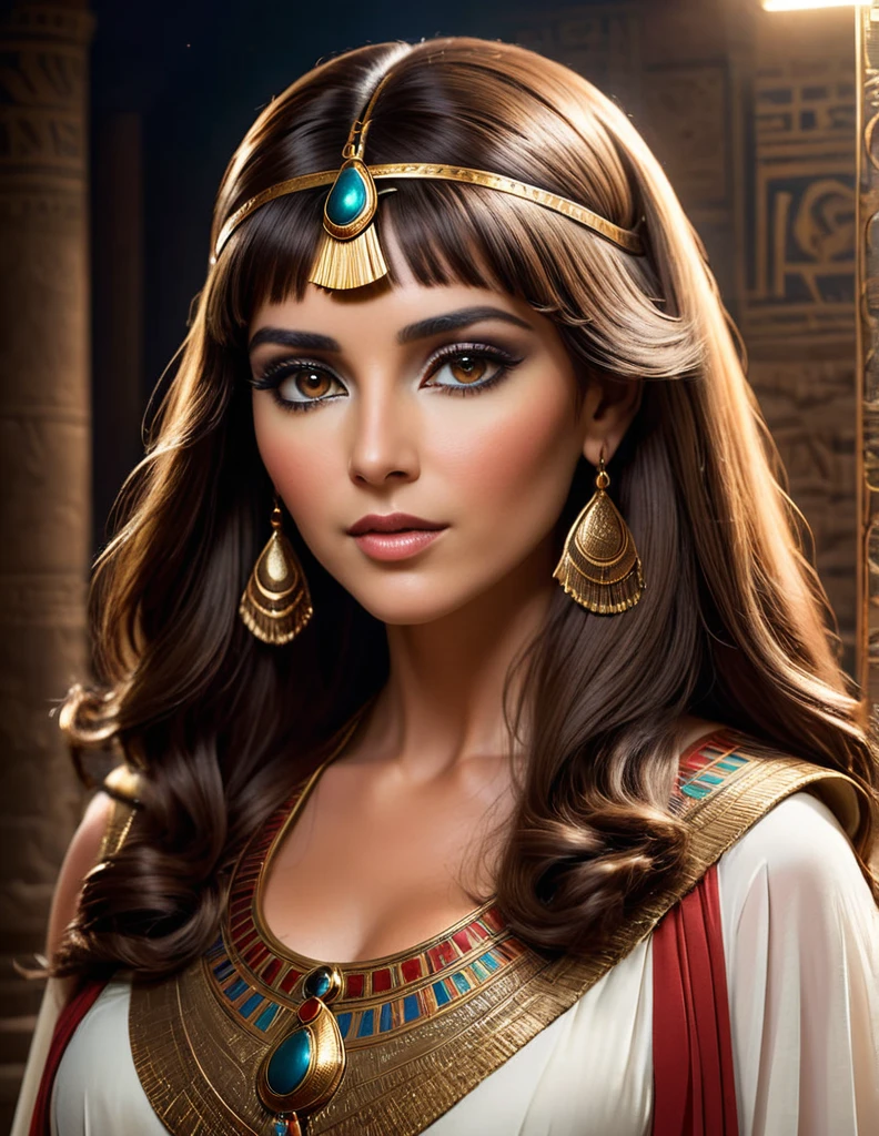 Cleopatra in her craft and her long light brown hair , 35 years of experience. His keen focus and intense gaze forward seem to pierce through the darkness of ancient Egypt, Revealing Hidden Truths and Mysteries. The intricate details of their traditional robes red and Brown are reproduced in stunning detail, while cinematic lighting adds a touch of drama to the scene. Esta imagem sobrenatural, Captured in 8K resolution, will leave you in awe of its beauty and depth elle a un maternelle 