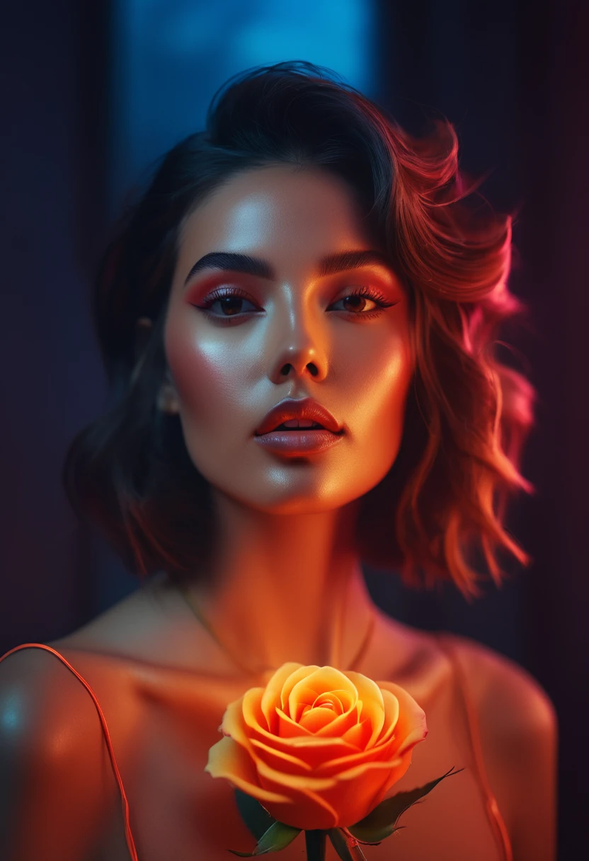 a woman with a neon rose on fire, flawless skin, whimsical photography style, photo captured by an Arriflex 35BL camera using Canon K25 prime lenses, cinematic, dramatic lighting, ultra clear, breathtaking surreal masterpiece. sensual pose