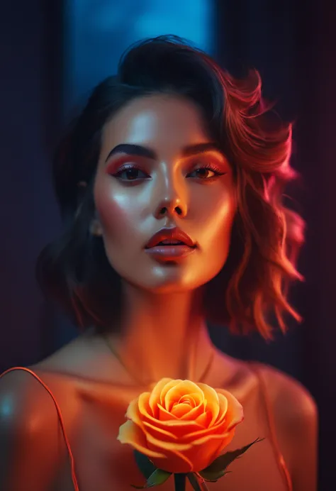a woman with a neon rose on fire, flawless skin, whimsical photography style, photo captured by an Arriflex 35BL camera using Ca...