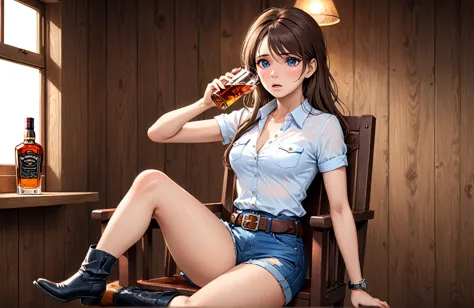 (((1 person:2.5))),(((nsfw:0.5))),(((wear denim hot pants:1.5))),(((wear a short-sleeved collared shirt:1.5))),(((wear a gun bel...