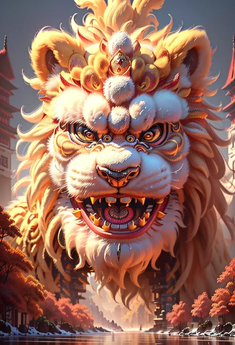 Traditional Chinese Lion Dance,Chinese awaken the lion,Chinese Lion Dance,Golden fur,cute furry,Beautiful and detailed digital a...