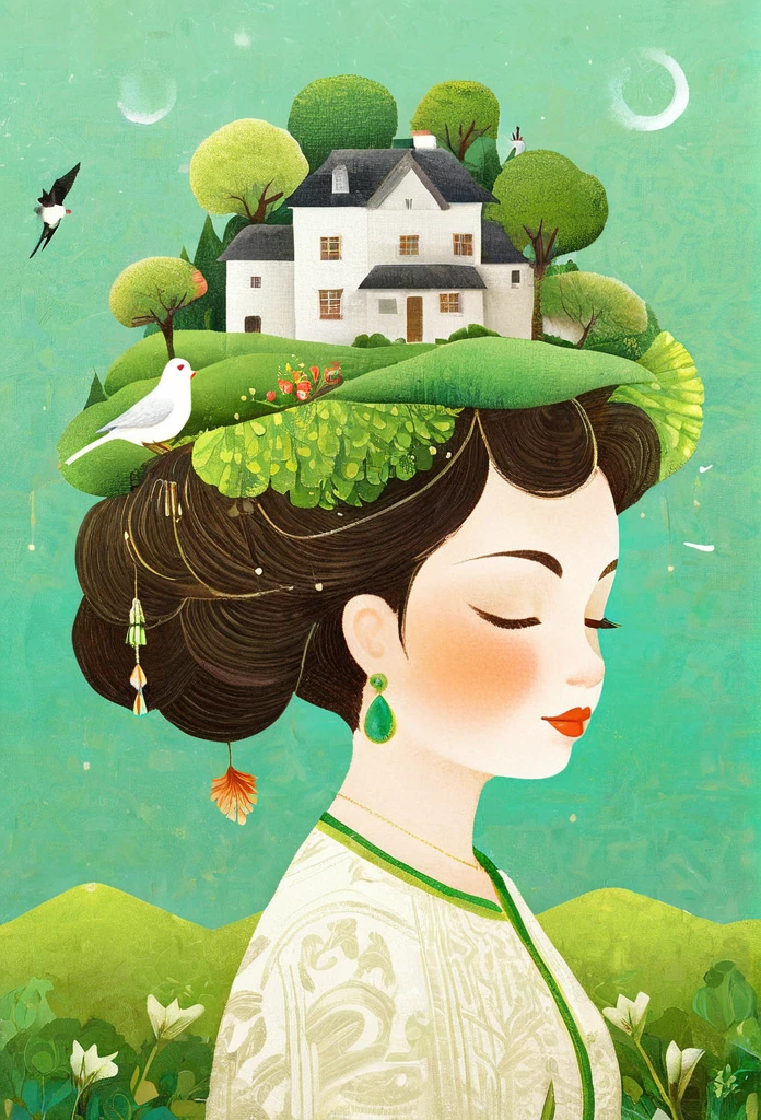 Digital illustration art, a comical illustration of a little girl adorned with many houses, trees, roots, a little swallow, etc. on her head. Her hair is composed of many houses and trees, and the background is green trees and hills (the background blends with the little girl's hair). Surrounded on both sides, it evokes the charm of a charming rural landscape. White background, the whimpering sound of Chinese calligraphy, vivid Ferdinand du Puigaudeau, Victor nizovtsev, retro tones, sparkling, reflective, best number, 8K, high-definition, high-resolution, dual exposure, beautiful digital illustrations,in style of Anna Dittmann, beautiful details