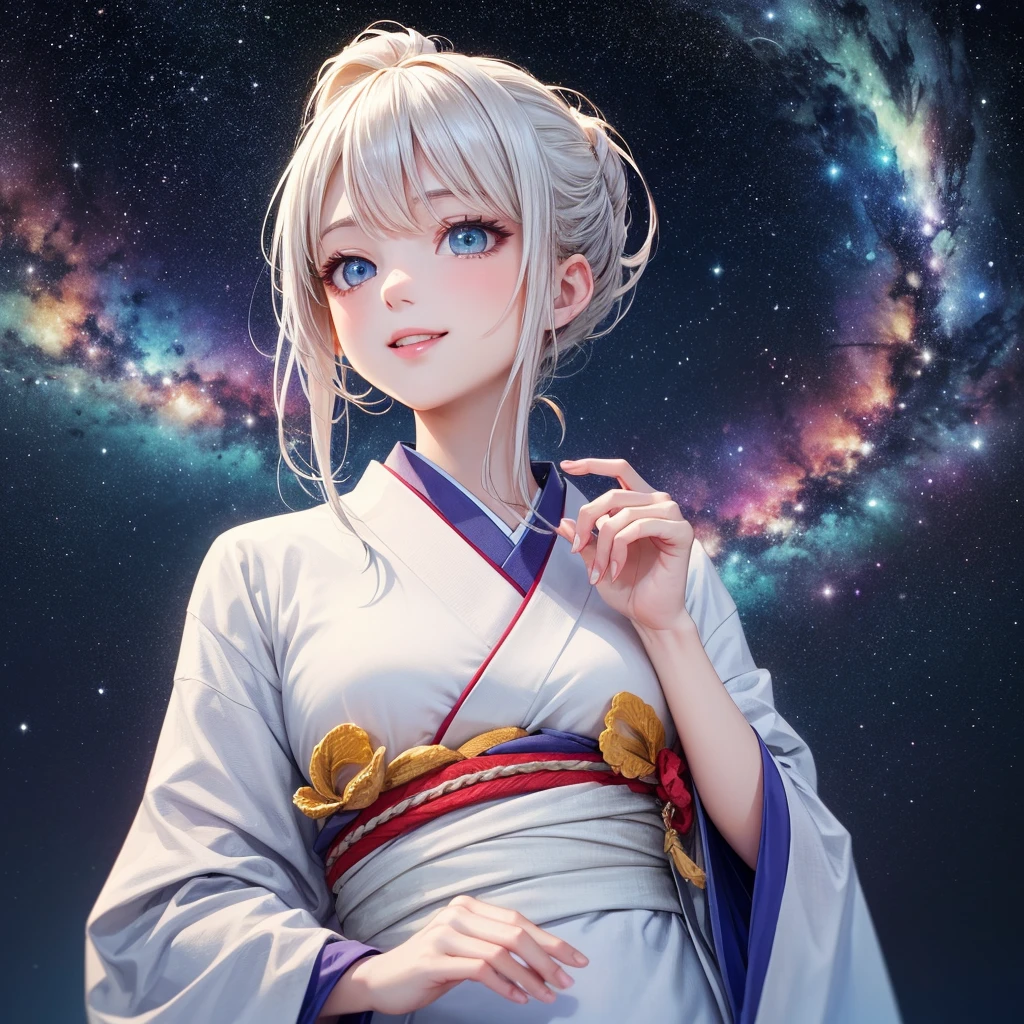 (​masterpiece),(top-quality:1.2),(4k anime),(perfect anatomy),(complete fingers),(perfect fingers),(a girl in a white kimono),beautiful detailed blue eyes,white mesh hair, ponytail hair,cute face,(Highly detailed elegant),an extremely delicate and beautiful,Beautiful and realistic skin, Silky to the touch,sideways glance,view from below,Through delicate lines and gorgeous colors,Make her beauty more vivid,Captivating smile,create an ethereal atmosphere like a dream,(starrysky),light falls from the sky,milky way