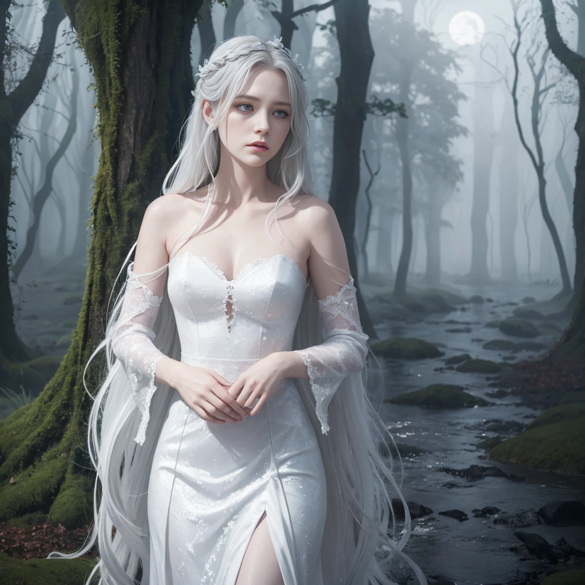 女妖的画像, 爱尔兰精神, 有着长长的银色头发和悲伤的表情. 她穿着一件飘逸的白色连衣裙，背景是一片雾蒙蒙的, 月光森林或古老城堡的诡异背景.
