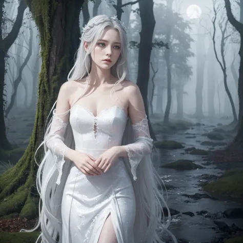 a depiction of a banshee, the irish spirit, with long silver hair and a sorrowful expression. she is wearing a flowing white dre...