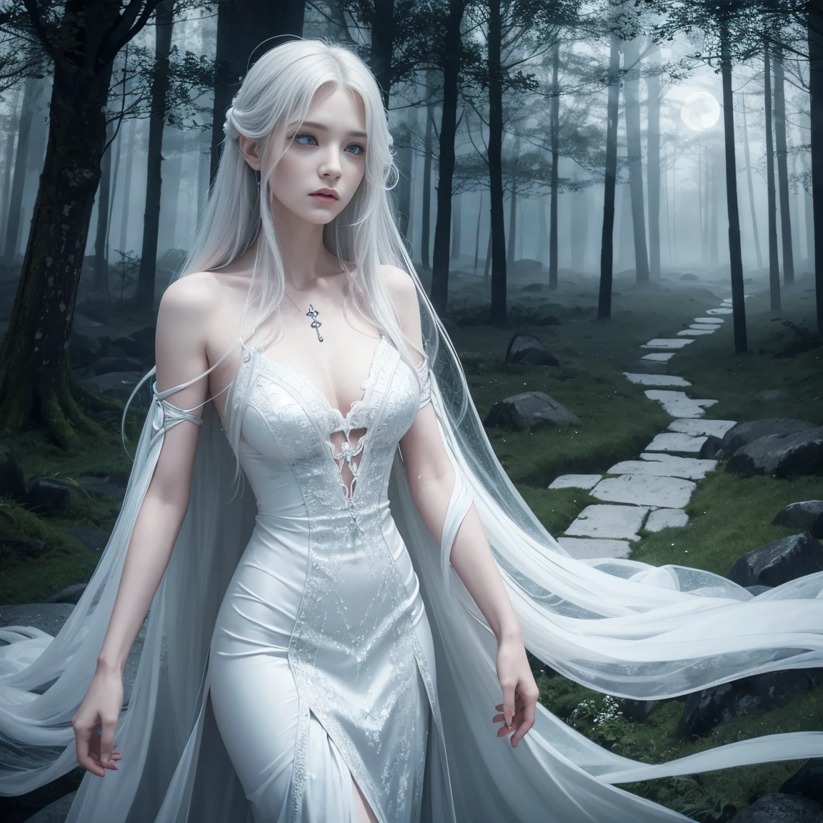 女妖的画像, 爱尔兰精神, 有着长长的银色头发和悲伤的表情. 她穿着一件飘逸的白色连衣裙，背景是一片雾蒙蒙的, 月光森林或古老城堡的诡异背景.
