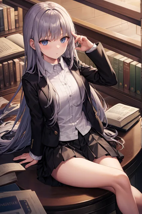 black jacket, open clothes, long sleeves, white skirt, pleated skirt, sitting, books lying around, expressionless, library, long...