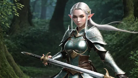 A female elf holding a short sword、Japanese animation style、Wearing full metal plate armor、It has beautiful Celtic motifs