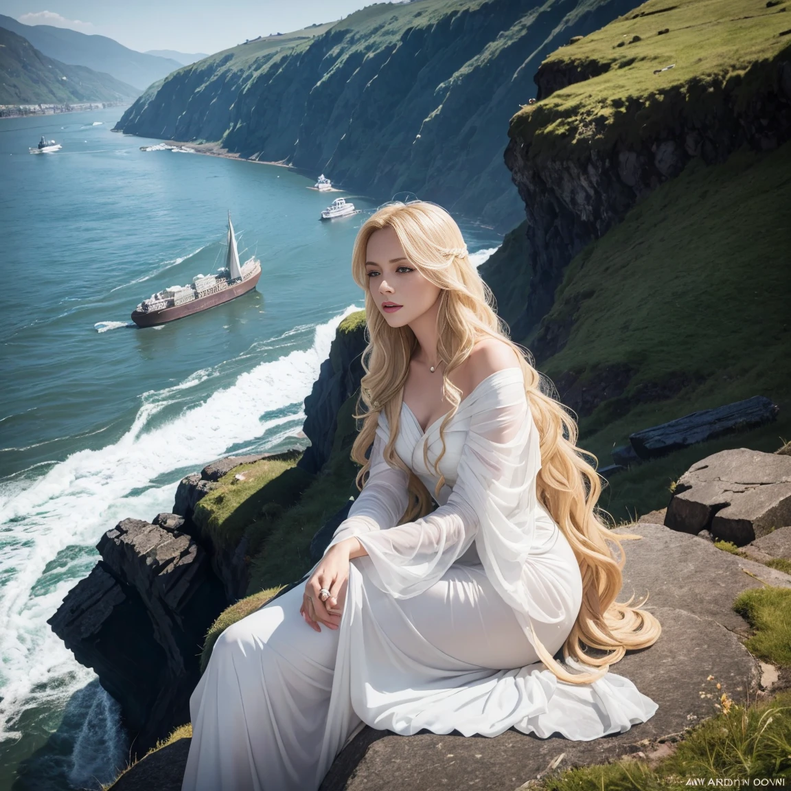 Eine Darstellung der Loreley, die deutsche Sirene, sitzt auf einer Felsklippe am Rhein. Sie hat lange blonde Haare, und ist in ein fließendes Kleid gekleidet. sie singt, mit einem heiteren, aber eindringlichen Ausdruck, während die Schiffe gefährlich nahe an die Felsen heranfahren.
