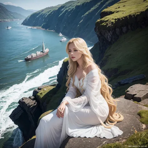 A depiction of Lorelei, the German siren, sitting on a rocky cliff by the Rhine River. She has long blonde hair, and is dressed ...