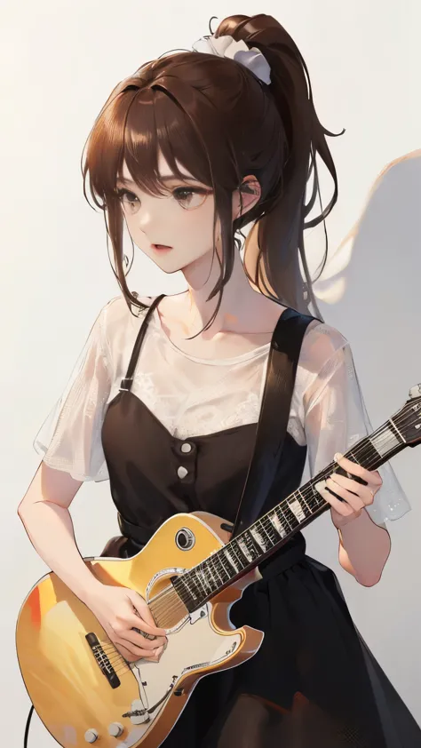 (((White wall background)))、(((Best image quality、8K、Beautiful woman、White wall background)))、(((guitarist、play the guitar)))、((...