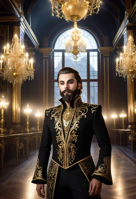 a snapshot of a high elf man with beard and brown hair wearing a black and gold art novau embroided high class ball attire masqu...