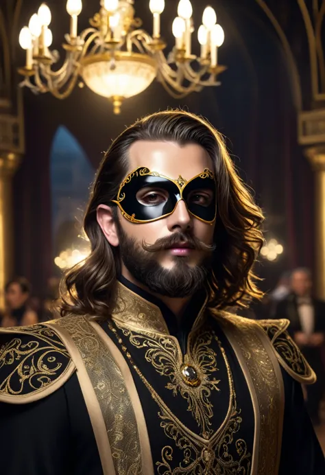 a snapshot of a high elf man with beard and brown hair wearing a black and gold art novau embroided high class ball attire masqu...