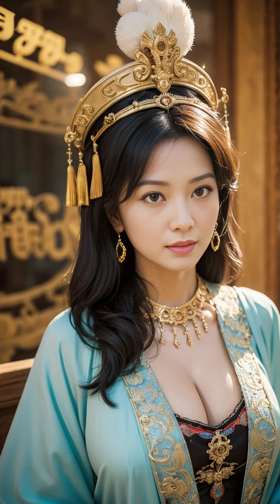 Masterpiece, best quality, 1 woman, alone, ((adult))，(big breasts)， long hair，Micro gold，be happy, looking at the audience, Dunhuang Mogao Cave, (background)，(precise、perfect appearance:1.3)，ultra high definition，Ray tracing,，glare， correct structure，won，Highly detailed，Lighten the contrast of the shadows.，face light ，movie theater lighting，Masterpiece，Awesome details，High quality，Highly detailed， best quality，16K，high contrast， 