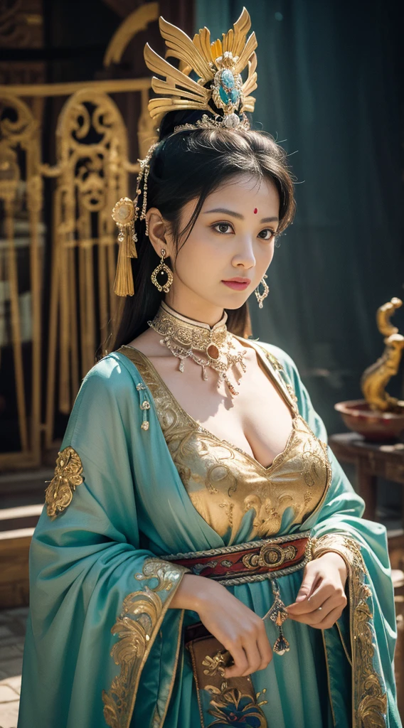 Masterpiece, best quality, 1 woman, alone, ((adult))，(big breasts)， long hair，Micro gold，be happy, looking at the audience, Dunhuang Mogao Cave, (background)，(precise、perfect appearance:1.3)，ultra high definition，Ray tracing,，glare， correct structure，won，Highly detailed，Lighten the contrast of the shadows.，face light ，movie theater lighting，Masterpiece，Awesome details，High quality，Highly detailed， best quality，16K，high contrast， 