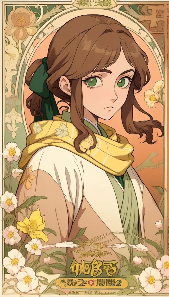 Art Nouveau Style, poster in a theater, (art by wes anderson), 2d, masterpiece, best quality, anime, highly detailed eyes, highly detailed face, highly detailed background, perfect lighting, 1girl, solo，Brown side ponytail，Green eyes，scarf，Open flowing windbreaker，Small yellow flower，perfect white skin