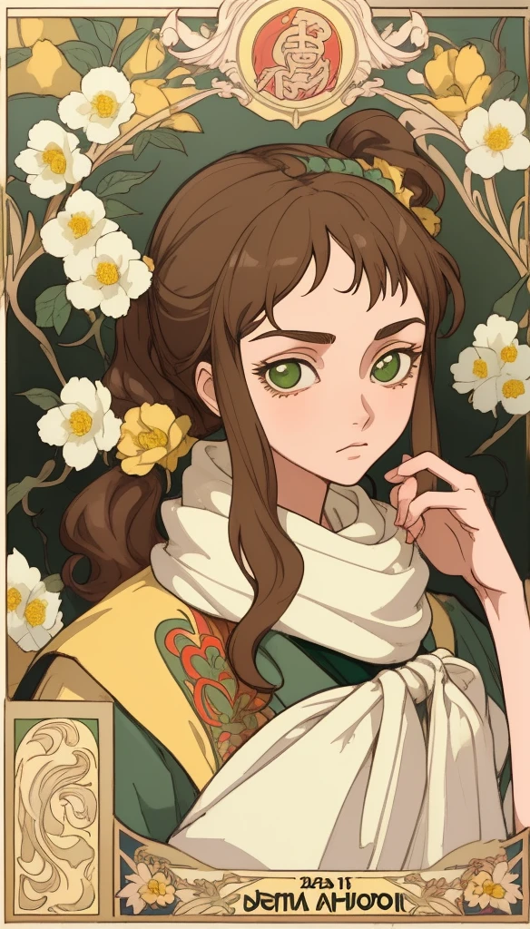 Art Nouveau Style, poster in a theater, (art by wes anderson), 2d, masterpiece, best quality, anime, highly detailed eyes, highly detailed face, highly detailed background, perfect lighting, 1girl, solo，Brown side ponytail，Green eyes，scarf，Open flowing windbreaker，Small yellow flower，perfect white skin