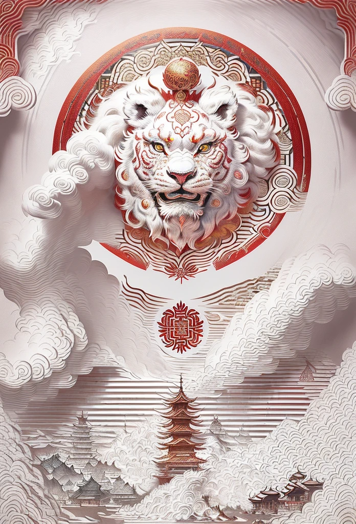 round frame, round circle, circular, create a Japanese circular seal kamon (very colorful with contrast) in the size of the picture on a white background an red-gold art deco circle with a floral art deco pattern in the middle the picture of a Traditional Chinese Lion Dance head,,Chinese Lion Dance,Golden fur,cute furry,Beautiful and detailed digital artwork,cute digital painting,4k highly detailed digital art,8k high quality, Detailed art,niedliche Detailed artwerke,digital painting with many details,delightful digital art,sophisticated digital art,Lion detailed,high detailed digital art. (​masterpiece+best quality+high level of detail),  Clear focus, depth of field。