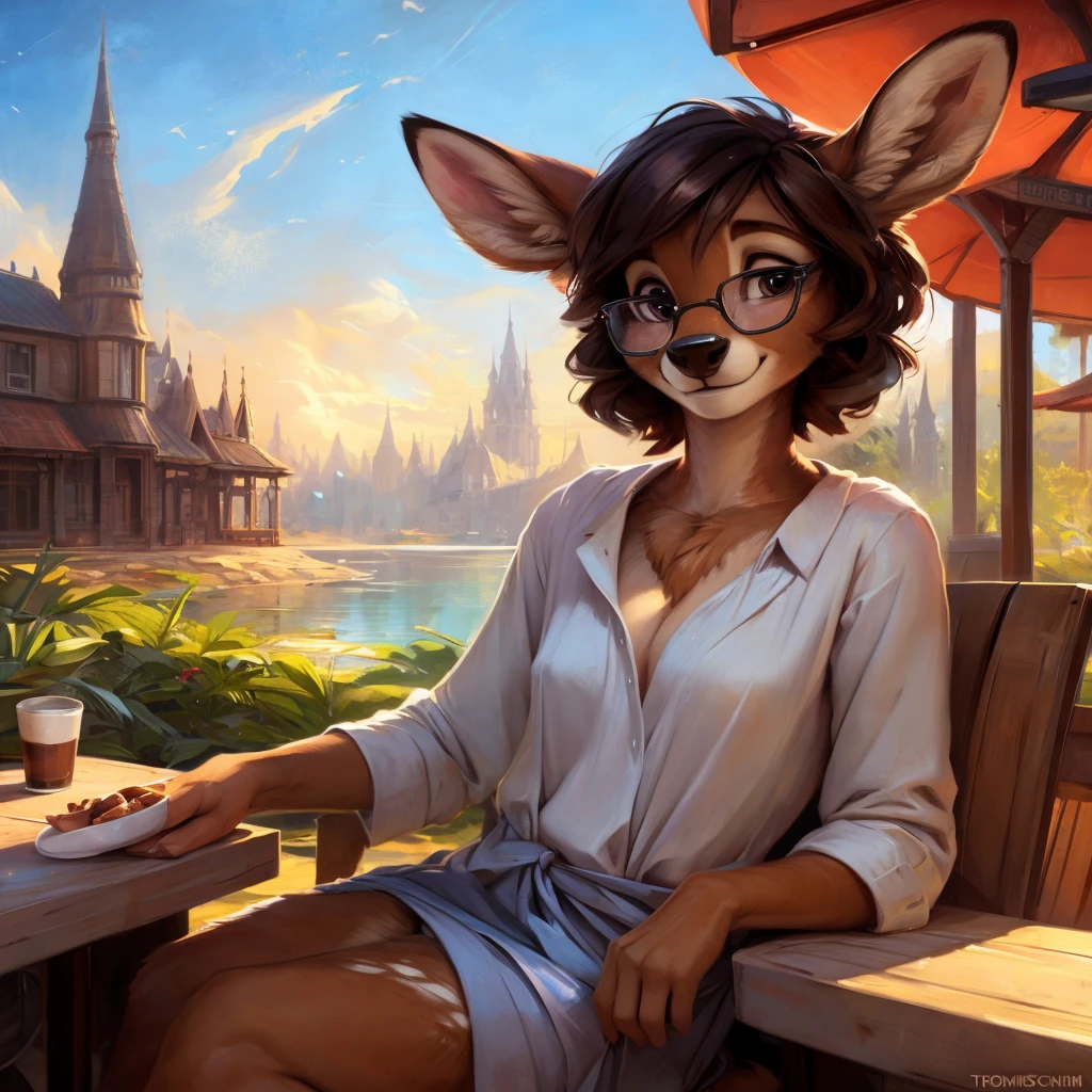 uploaded on e621, by Pixelsketcher, by Bayard Wu, by Thomas Benjamin Kennington , by Einshelm, by hioshiru and kenket, Chunie, portrait, solo anthro female deer doe, tiny featureless breasts, tiny breasts, clear dark blue, cinematic lighting, day, sunny day, sitting outside at a café, café background, french background, old french background, shiny, short curly dark brown hair, short hair, wears big black nerd glasses, very very beautiful furry art, furry art, thoughtful, shiny, feminine, cute face, muzzle, fluffy chest, flawless face, Fallow deer, 1girl, Sakimichan is beautiful, Masterpiece, Wavethesallow Face, shiny, Detailed image, portrait, Detailed image, portrait, wears pure white wide, big blouse, wears beige summer straw hat, shiny, realistic face, perfect anatomy, hourglass body, anthropomorphic deer, happy, very happy, small ears, huge black nerd glasses, wide happy eyes, look at viewer, smiles, big smile, holds big cup of coffee, hourglass body, (furry body:1.1), anthropomorphic deer, small fluffy tail, detailed background, (cute anatomy:1.1), looks into the distance
