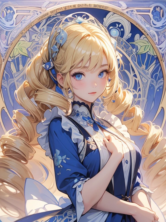 masterpiece, Highest quality, Very detailed, 16K, Ultra-high resolution, Cowboy Shot, Alice in Wonderland, (art nouveau:1.5), 10-year-old girl, Detailed face, Mischievous Smile, blue eyes, Blonde, (mega twin drills:1.3), Ribbon on head, Blue clothes, Plain white apron, 大きなclockのある部屋で, clock, 壁clock