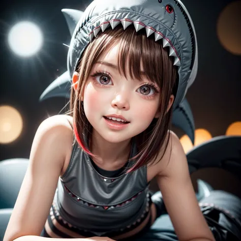  ((Skinny Shark BodySuit, (Stuffed shark head hat)with White Teeth)), 8k, High-level, absurd, masterpiece, best quality, primiti...