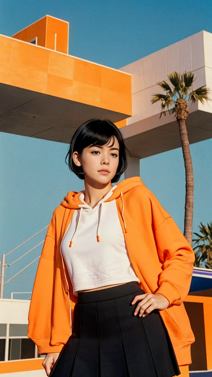 (long shot portrait :1.3), of cute 23 yo girl (perfect beautiful body ) ,beautiful face, (realistic face),(perfect natural breast),wear ((orange color oversized hoodie)), wear ((purple tennis skirt)),looking viewer,Best Quality,Masterpiece,Ultra High Resolution,(Realisticity:1.4),Original Photo, 1Girl, light leak,ultra high resolution,UHD,beautiful, (black bob hair), almond eye, no makeup, in front of ((80's mondrian architecture motel)), (realistic:1.2), (surreal:1.3), (very detailed:1.1), ((masterpiece)),summer, blue sky, palm trees,sunny, los angles vibes,film camera, 800mm lens,style of Philip Lorca diCorcia,beautiful face, (realistic face), (black hair, short hair:1.3)