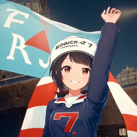 a photograph in wide view. a woman smiles and holds up a cloth banner,and  waving it above her head, its a sign saying "rouch7"....