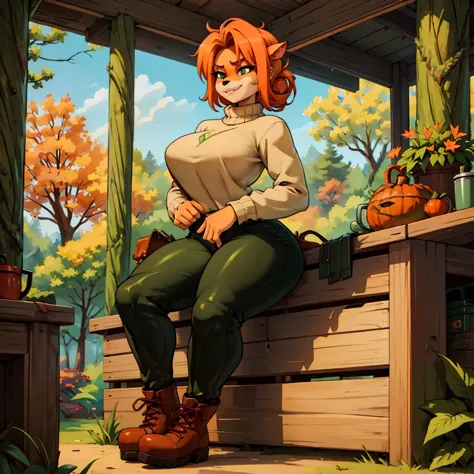  sancy anthro bandicoot girl redhead, braided hair, beautiful green eyes, sexy ,seductive, warm sweater, , camouflage pants, arm...