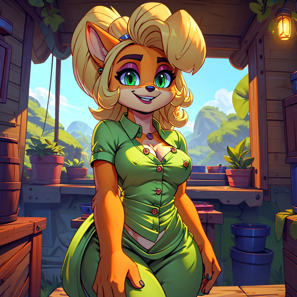 (masterpiece), ((perfect anatomy)), (high Res), (4k), bandicoot, green eyes, blonde hair, medium breasts, cleavage (((green satin button blouse))), happy,  (((solo)))