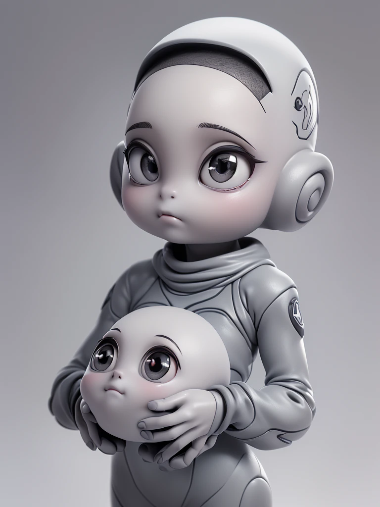 (((Masterpiece))), (high quality),(One Gray type alien,15 year old girl alien:1.5),5 heads,(Skinhead,Gray aliens,Large, dark, almond-shaped eyes,:1.5),(No hair, no whites, no ears:1.5),Wearing a silver body-fitting suit,Plain background