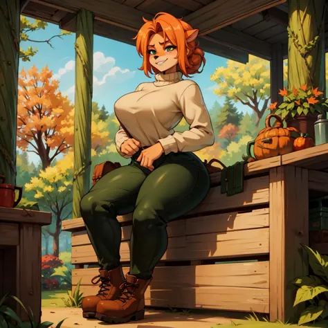 sancy anthro bandicoot girl redhead, braided hair, beautiful green eyes, sexy ,seductive, warm sweater, , camouflage pants, army...