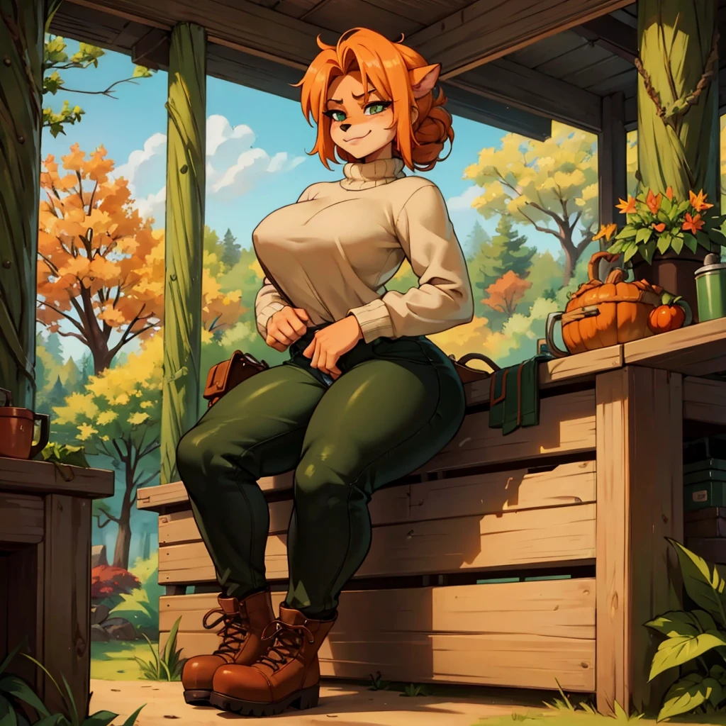  sancy anthro bandicoot girl redhead, braided hair, beautiful green eyes, sexy ,seductive, warm sweater, , camouflage pants, army boots, , Cozy autumn atmosphere, , the forest, autumn , Girl in sweater, ,trousers, army boots, furry anthro bandicoot, seductive facial expression wide grin , hands to pants,Unzipped Pants, dynamic pose, 