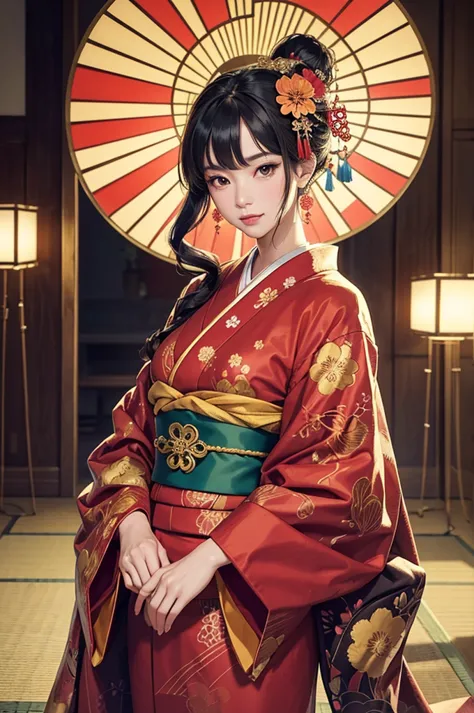 a beautiful japanese woman is depicted in a vertical, anime-style portrait set in a rich, vibrant background filled with traditi...