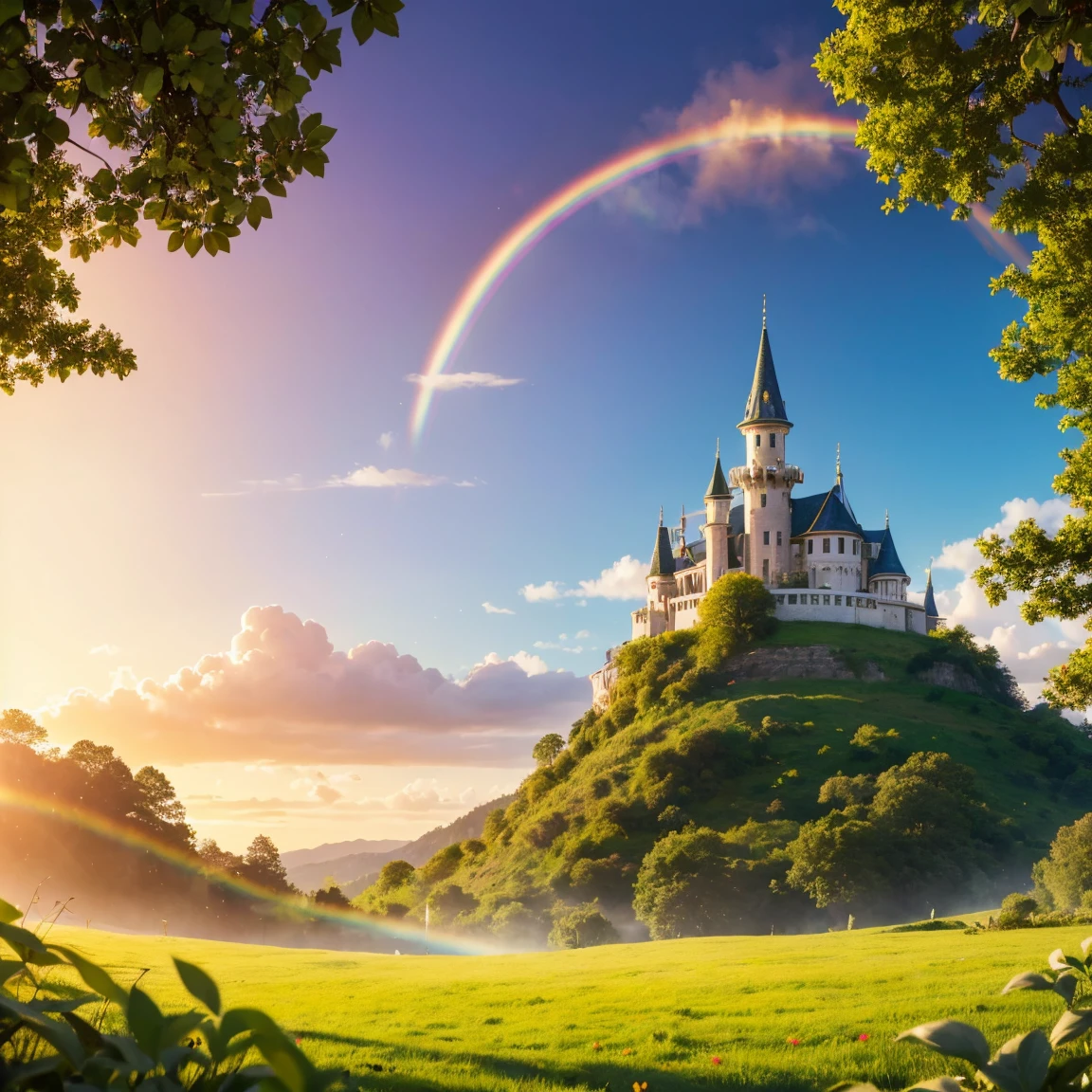 Create a highly detailed and visually stunning image that symbolizes extreme good luck. The image should feature a golden horseshoe, a four-leaf clover, and a vibrant rainbow. In the background, include a serene, picturesque landscape with a clear blue sky, lush green fields, and a majestic, glowing sunrise. The overall atmosphere should be magical, uplifting, and filled with positive energy, giving viewers a sense of immense good fortune.