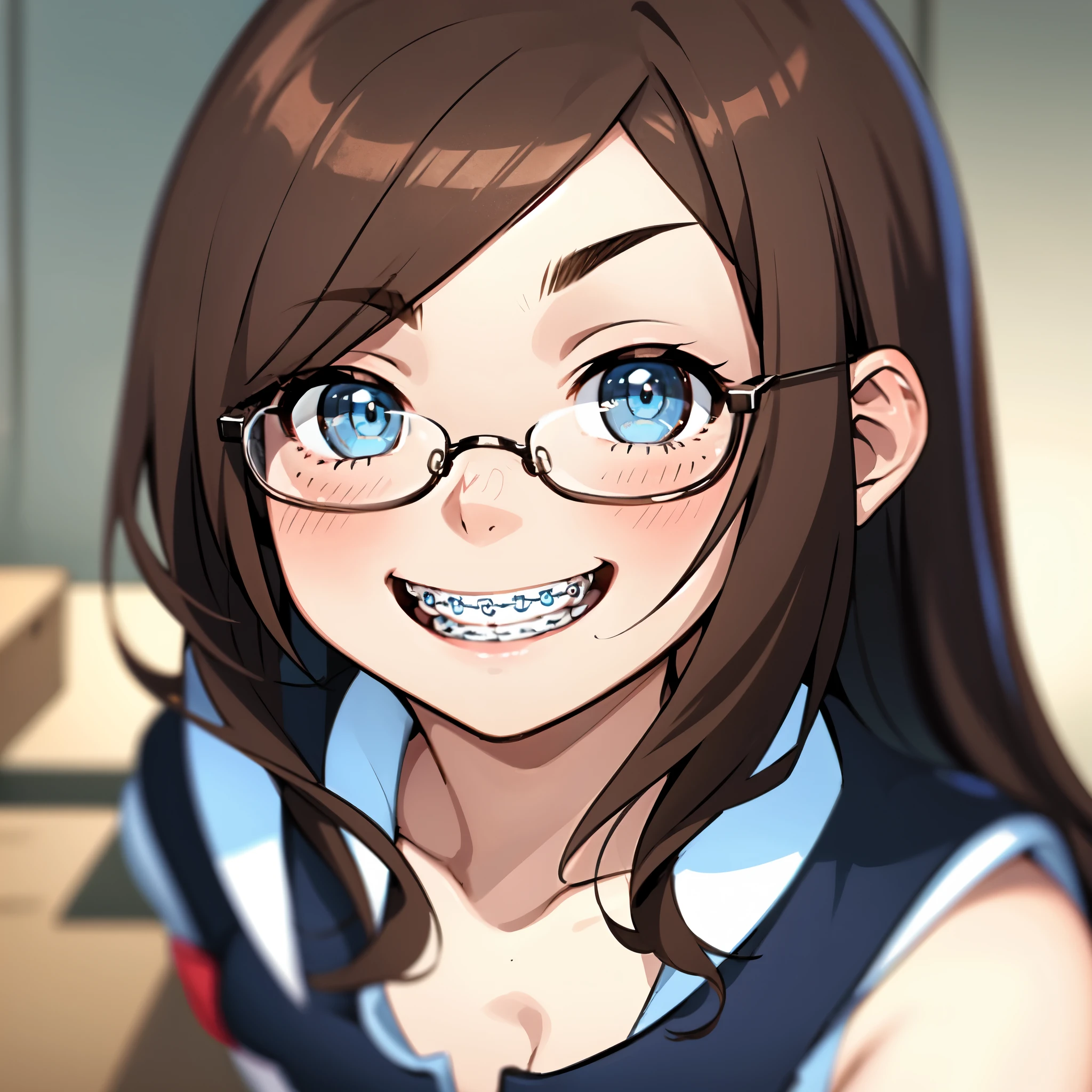 1girl, seductive eyes, braces, glasses, smiling, cute, face focus, blue eyes, blush, brown hair, best quality, masterpiece, highres