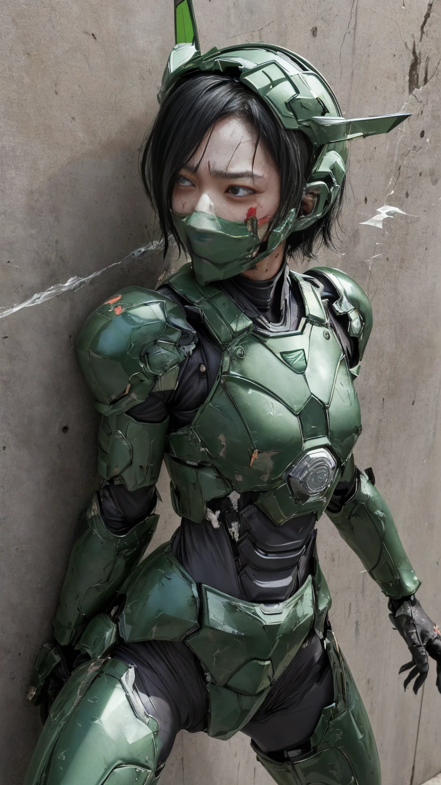 Rough skin, Very detailed, Advanced Details, high quality, 最high quality, High resolution, 1080P 、Bleeding from the wound、Sexy Eyes、Wearing green and black、cute((The whole body is sweating))(Equipped with a damaged battle suit....)(Dark green armor)(Broken Armor)Black Hair、Chiquita、short hair、Open your mouth、Painful expression、It hurts again、Healthy Skin、20-year-old female　defeat　(Steam coming out of the face) ((Steam from the body)) 　Unable to fight　Severe attacks　((I was thrown against the wall、Headgear broke.　)) Flying debris　bare hands　Armor Stripping