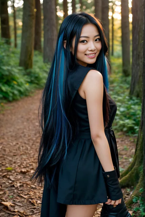 arafed woman with long black hair with blue highlights waælking in the forest , flowing black hair, with black hair, photo of a ...