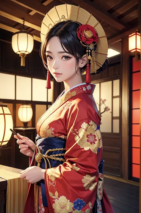 
A beautiful Japanese woman is depicted in a vertical, anime-style portrait set in a rich, vibrant background filled with tradit...