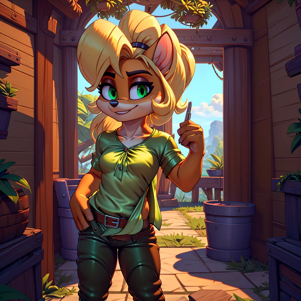 (masterpiece), (high Res), (4k), (ultra realistic), bandicoot, green eyes, blonde hair, showing butt to camera, (((green satin blouse and brown leather pants))), seductive smirk, (((solo)))