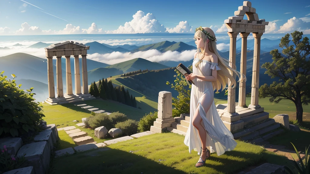 最high quality、high quality、Young Greek God々、Sanctuary Grassland、Long dress、Light-filled、mysterious、Have a lyre、Greek temple in the clouds、Skyline、