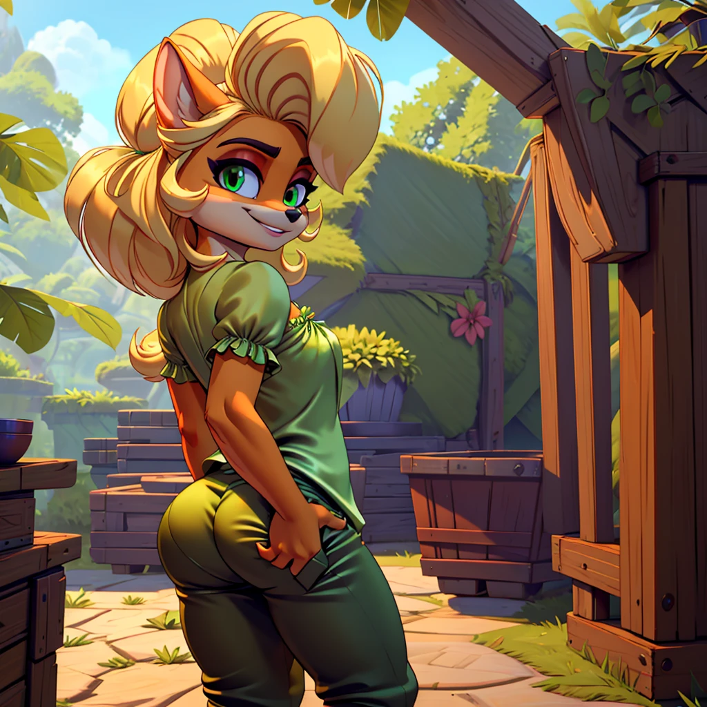 (masterpiece), (high Res), (4k), (ultra realistic), bandicoot, green eyes, blonde hair, showing off her butt to camera, (((green satin blouse with brown pants))), seductive smirk, (((solo)))