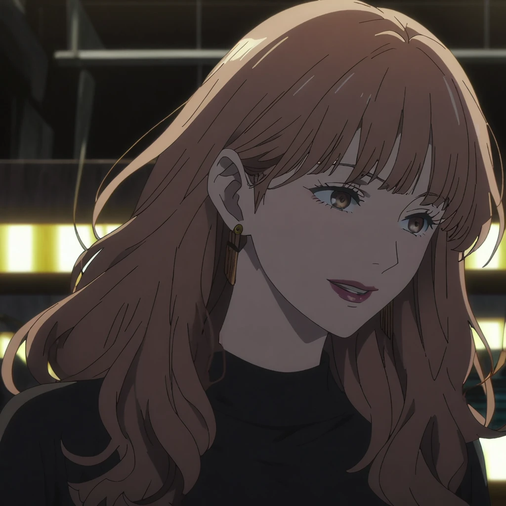 1girl, female gojo satoru, anime screencap from jujutsu kaisen, gojo satoru female version, solo, long_hair, blue eyes ((Dark Brown_hair, wavy hair)), night view, (hanging breasts) upper_body, smile, indoors, brown_eyes, lips (straight hair) (wearing round sunglasses) ((wearing black sweater outfit)) breast, "very detailed and high resolution" (brown eyes)  ((solo)) (front view) (earings) ((high resolution)) ((good quality)) ((bangs)) 